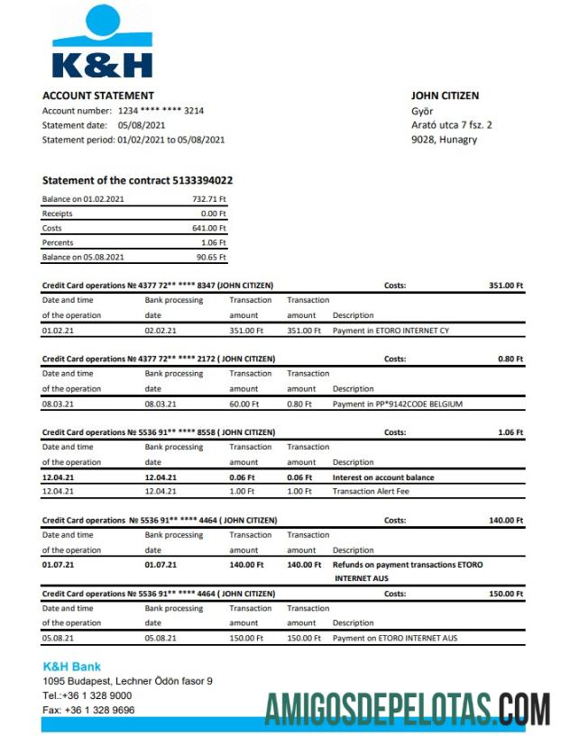 Extrato bancário K&H da Hungria para impressão, modelo fácil de preencher em formato Excel e PDF